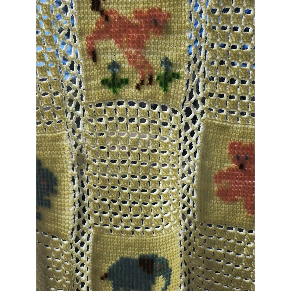 Vintage Handmade Crochet Baby Blanket Yellow Animal Cross Stitch Afghan Nursery
